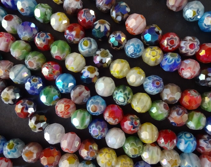 9.5-10mm  Round Faceted Glass Millefiori Beads, 14 Inch Strand, 38 Glass Beads, Multicolor Bead, Handmade Millefiori Beads, 1.5mm Hole