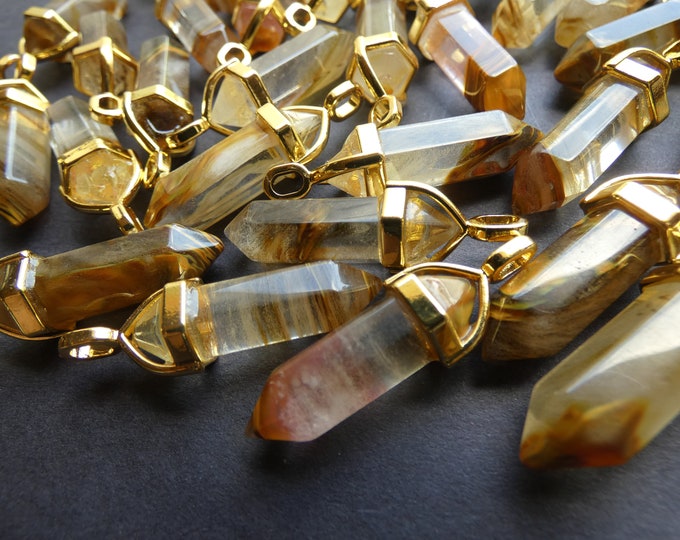 37-40mm Tigerskin Glass Pendant With Alloy, Faceted, Bullet Shaped, Polished Gem, Gemstone Jewelry Pendant, Clear & Brown, With Gold Color