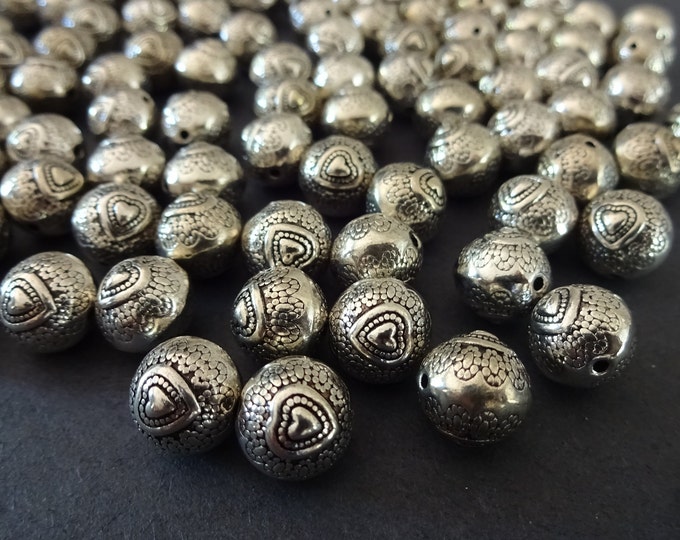 10x8mm Flat Round Alloy Metal Beads, Tibetan Style Metal Spacers, Engraved Heart Design, Silver Color, Vintage Style, 10mm Spacer Bead