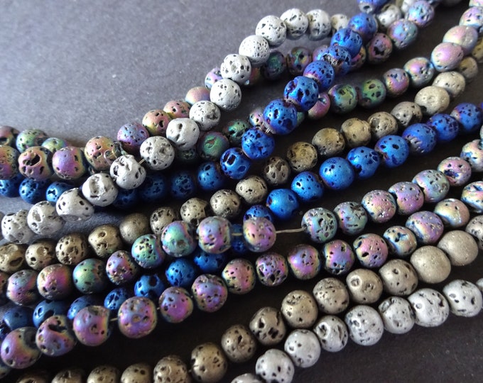 5 Strands Natural Electroplated Lava Stone Beads, Dyed 4.5-5 Ball Bead, Mixed Color, Textured, 85+ Pieces Per Strand, Round Bead, Mixed Lot