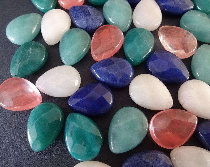 SET OF 5 Teardrop Mixed Lot 18mm Dyed White Jade and Glass Cabochons, Faceted Teardrop Cabochons, Faceted White Jade, Faceted Watermelon