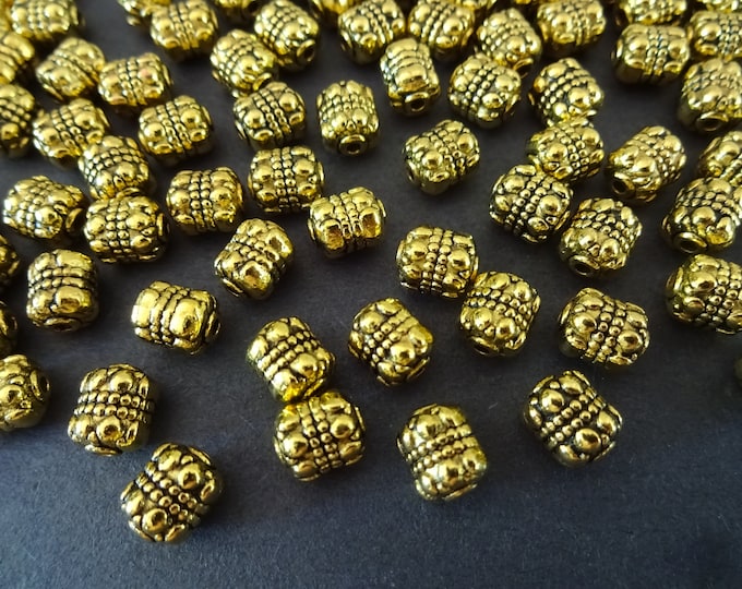 8x6.5mm Alloy Metal Gold Barrel Beads, Antique Golden Color, Tibetan Style Metal Spacer, Gold Barrel Spacer Bead, Detailed Tribal Bead