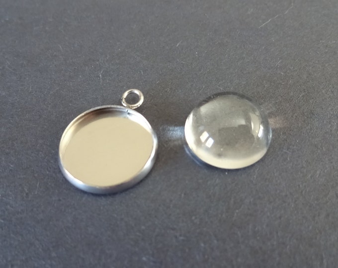 14mm Round Alloy Pendant Setting with Half Round Glass Cabochon, 18x15mm Overall Size, Round Setting, Silver Colored Metal Setting, Glass