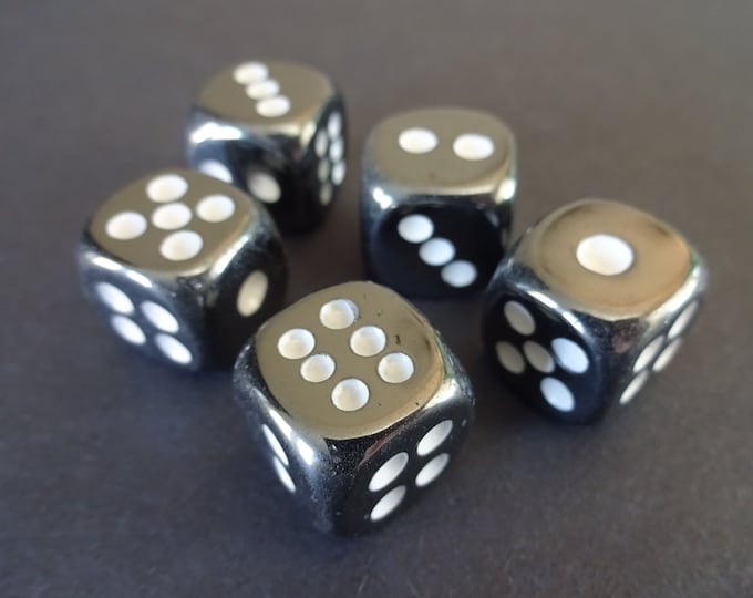15mm Faux Hematite Dice, 6 Sided Cube Die, Hemalyke Dice, Gemstone Crystal Dice, Silver & White Dice, Gaming Dice, Present for a Gamer