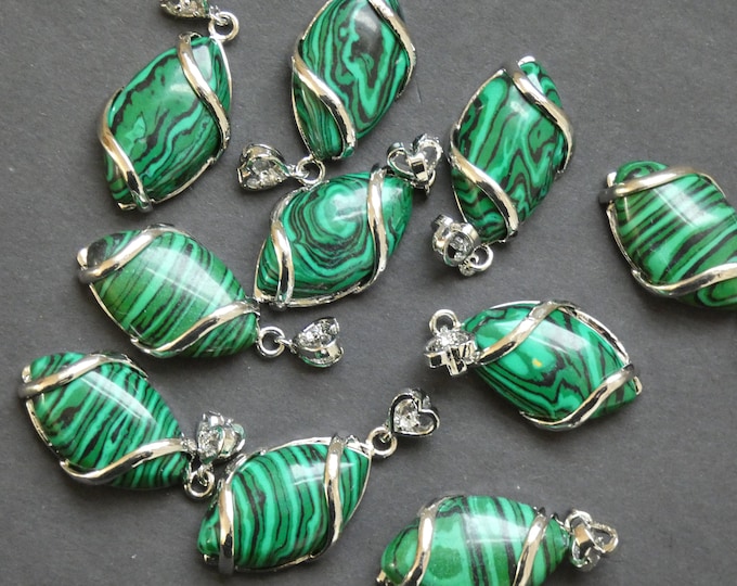 38x17mm Synthetic Malachite Pendant With Brass Setting, Horse Eye Stone, Polished, Gemstone Pendant, Green & Silver, Crystal Drop Rock Charm