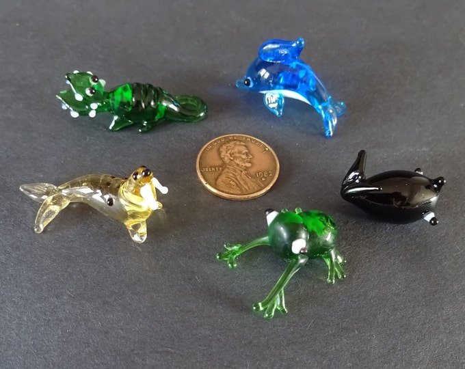 Mini Lampwork Glass Aquatic Animals, Small Decorative Glass Animals, Collect All 5, Cute Dolphin, Whale, Frog,  Walrus & Crocodile Figurines