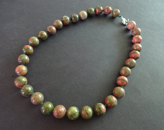 Natural Unakite Bead Necklace, 18 Inch Long, Large Ball Beads, Green Gemstone, With Lobster Claw Clasp, Green and Pink Gemstone, Swirled