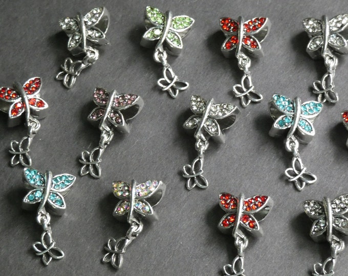 5 PACK OF 21mm Alloy Metal & Rhinestone Butterfly Beads, Butterfly European Dangle Bead, Silver and Mixed Color Rhinestones, Large 5mm Hole