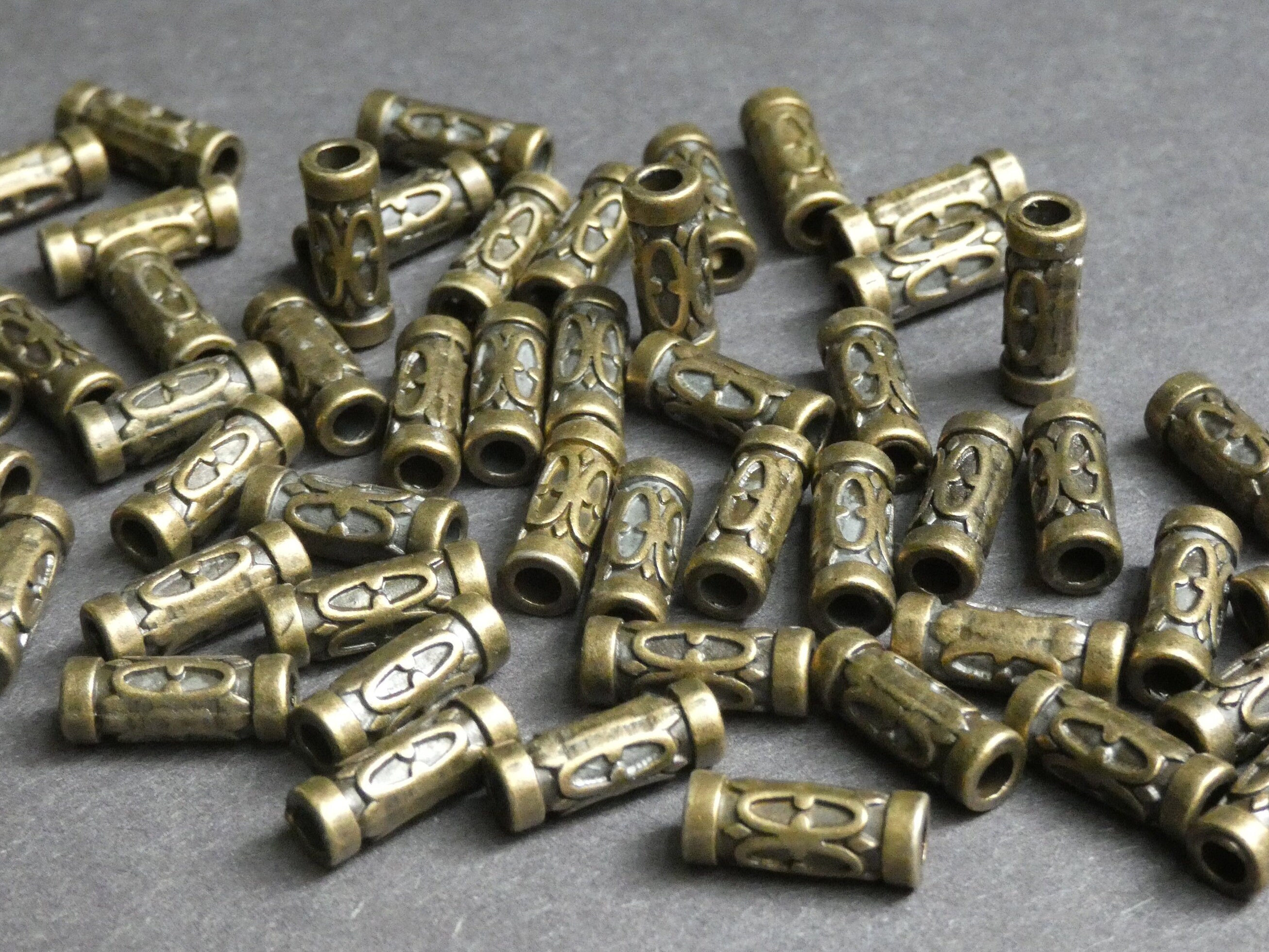 50 PACK 13mm Etched Metal Tube Beads, Etched Design, Antiqued Bronze