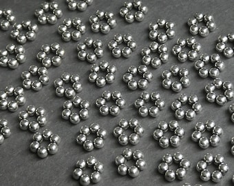 50 PACK of 8x8mm Metal Spacer Daisy Bead, Tibetan Silver, Antiqued Silver Color, Studded Design, Flower Spacer, Metal Rondelle, Floral Bead