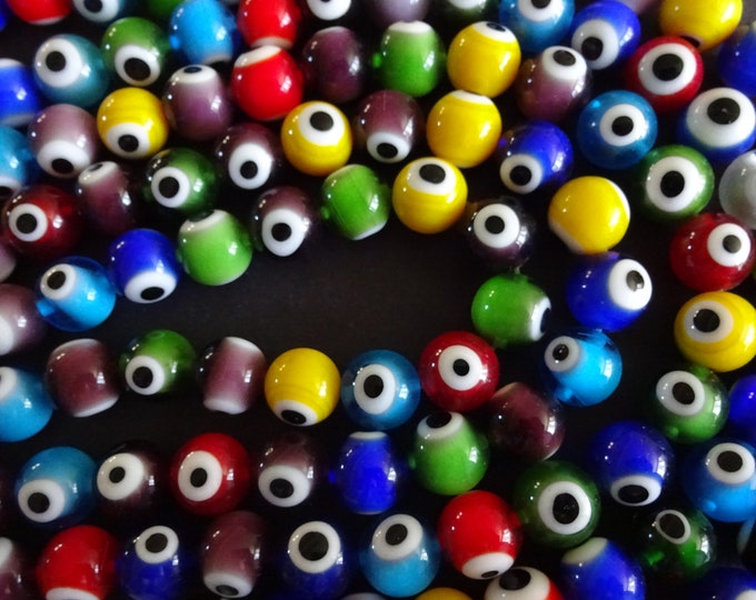 10mm Evil Eye Lampwork Glass Beads, One 16 Inch Strand of About 41 Beads, Rainbow Multicolor, 10mm Round Balls, Evil Eye Jewelry Making