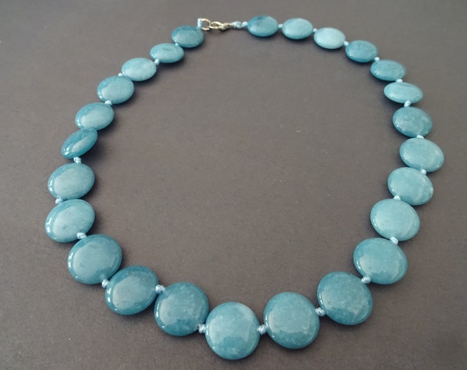 Natural Aquamarine Bead Necklace, Dyed, 18-18.5 Inch Long, 16mm Flat Round Beads, Light Blue Gemstone, Lobster Claw Clasp, Blue Gemstone