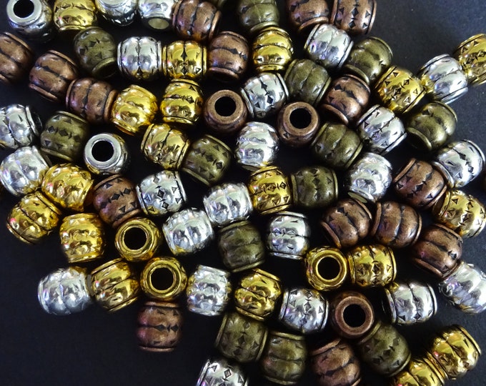 8x8mm Mixed Tibetan Metal Beads, Barrels, 5 Color Mixed Lot Variety, Large 3.5 Holes, European Style Beads, Embellished Metal Barrel Spacers