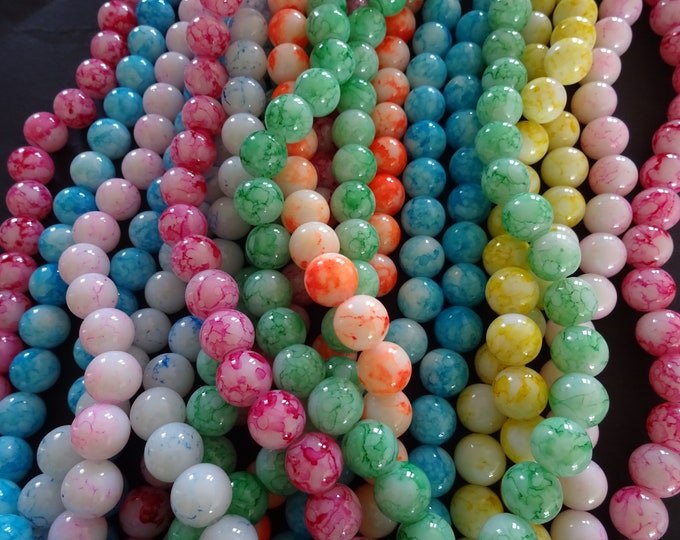 5 Strands of Glass Ball Beads, About 300 Beads, 12mm Rainbow Bead, Mixed Lot, 31 Inch Strand, Dyed, Spray Painted Design, Bright, Marbled