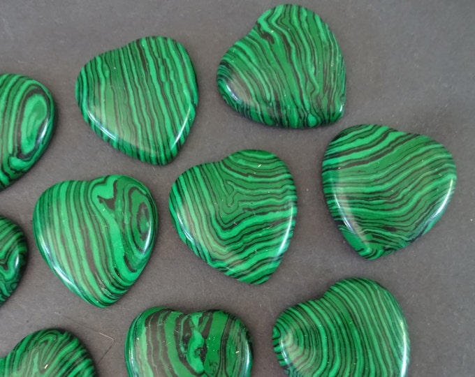 29-30mm Synthetic Malachite Heart Cabochon, Striped Malachite Cabochon, Polished Gemstone, Green & Black Stripes, Large Wire Wrapping Stone