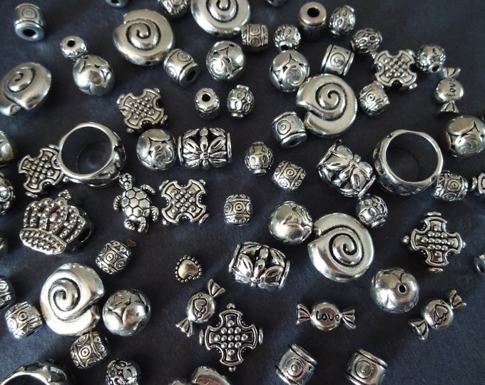Mixed Alloy Metal Bead Lot, 100 Grams of 6-14.5mm, About 80 Beads Per Lot, Silver Color, Antiqued, Vintage Theme, Bohemian, Mixed Variety