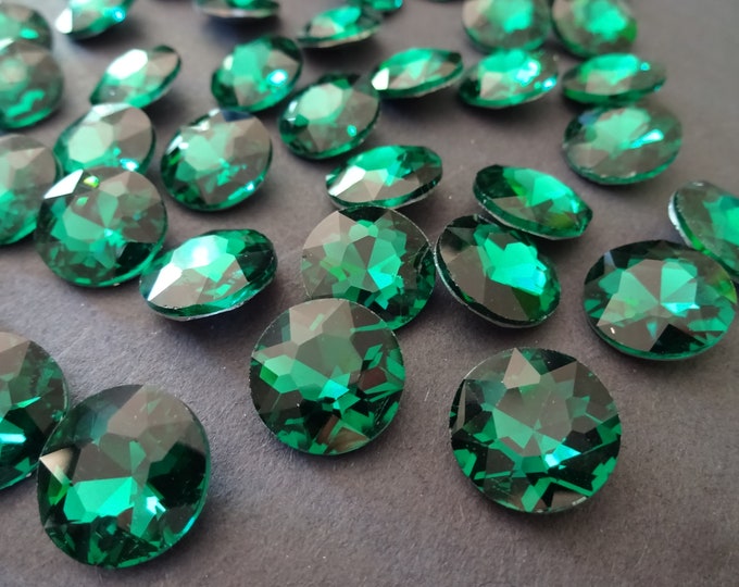 10 Pack of 14mm Faceted Rhinestone Round Cabochon, Glass Rhinestone Cabochon, Faceted, Green Rhinestone, Faceted Rhinestone, Back Plated