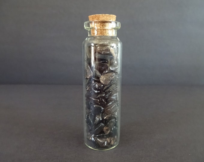 Glass Crystal Chip Jar with Obsidian, Black Color Gems, 22x71mm Glass Jar, Decoration or Pendant Piece, Cork Stopper, Wishing Bottle