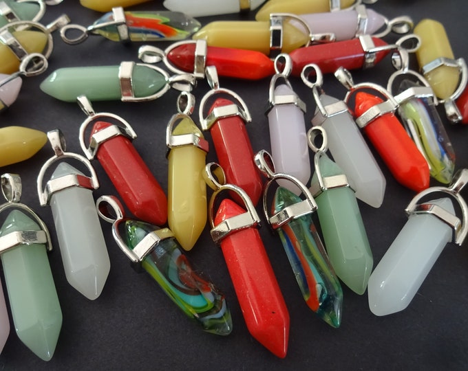 PACK OF 38.5mm Glass Pendants With Alloy Metal Loops, Faceted, Bullet Shaped, Glass Charm, Necklace Pendant, Mixed Color and Silver Metal