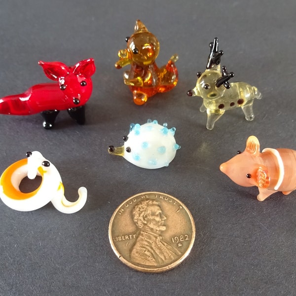 Mini Lampwork Glass Woodland Animal Set, Small Glass Animals, Collect All 6, Hedgehog, Deer, Snake, Fox and More!, Office Desk Decorations