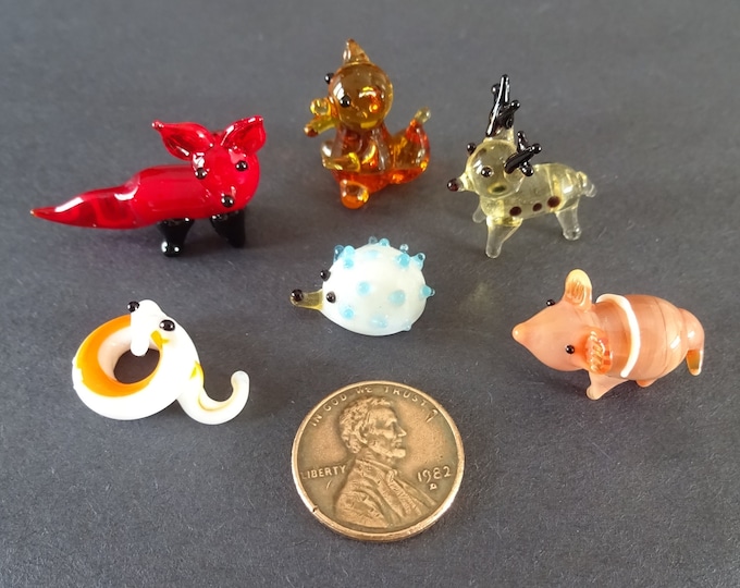 Mini Lampwork Glass Woodland Animal Set, Small Glass Animals, Collect All 6, Hedgehog, Deer, Snake, Fox and More!, Office Desk Decorations
