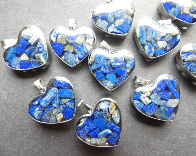 21mm Natural Lapis Lazuli & 304 Stainless Steel Pendant With Glass, Heart Charm, Polished, Gemstone Jewelry Pendant, Blue and Silver Metal