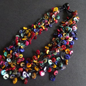 Natural Shell Chip Necklace, Dyed, Mixed Colored Seashell Pieces, Black Cord, Rainbow, 20 Inches, Bead Necklace, Nautical Beach Jewelry