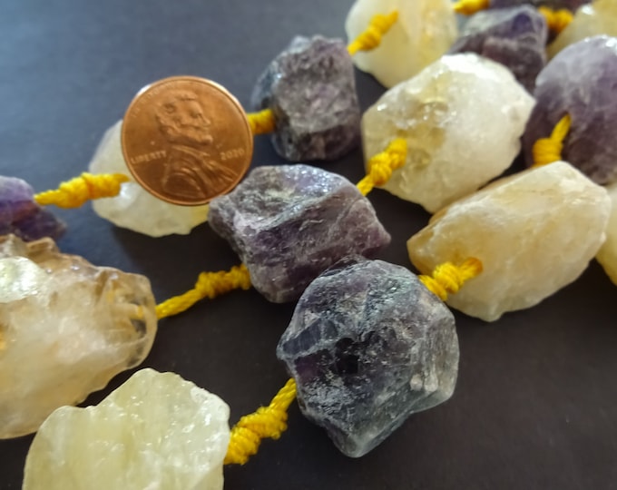 18-37mm Natural Amethyst & Citrine Beads, 16+ Inch Strand, 16-17 Beads, Unpolished, Unfinished, Raw Stone Bead, Purple and Yellow