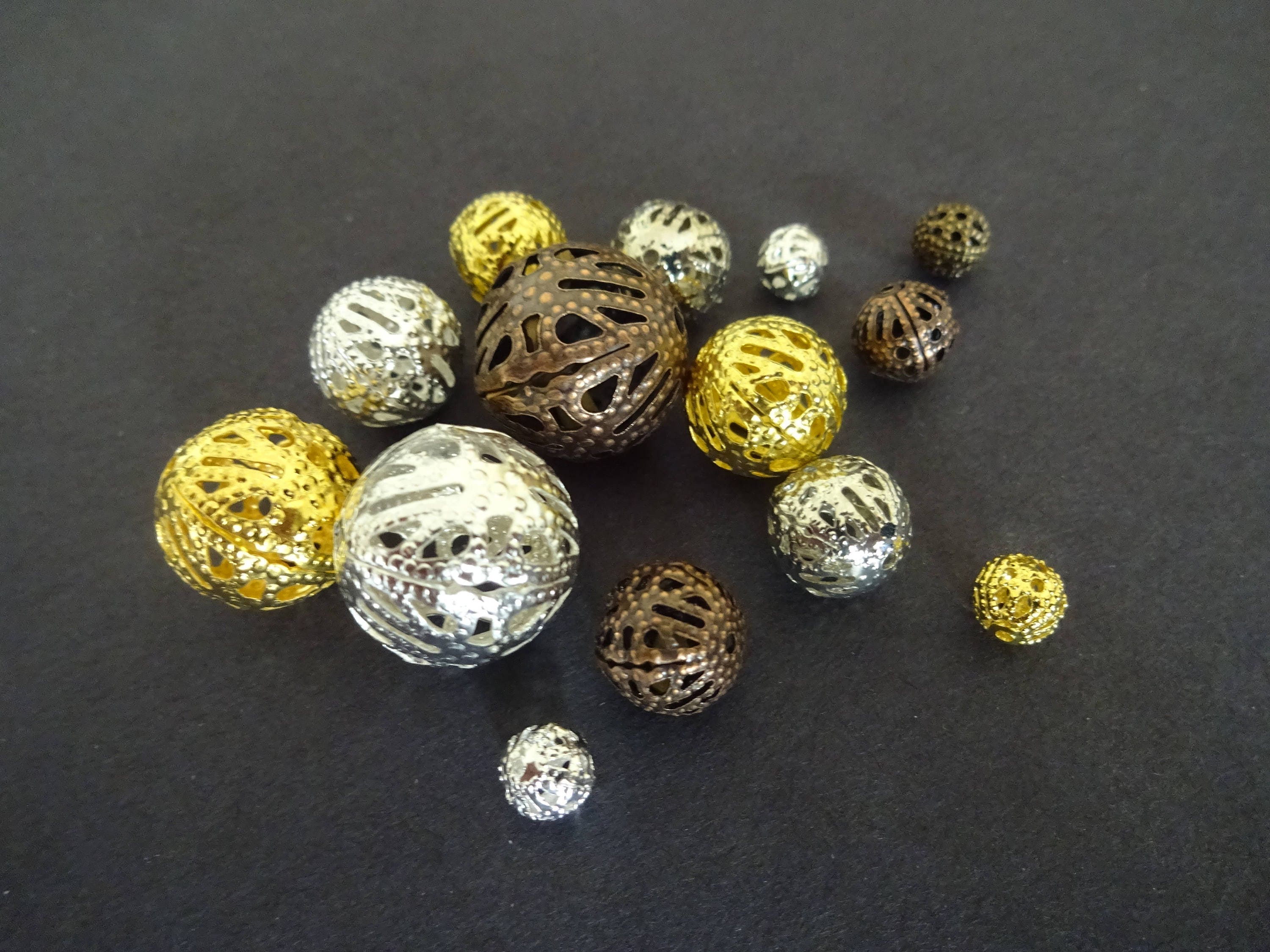 Lot of 100 Mixed Brass Filigree Beads, 616mm Hollow Filigree Metal