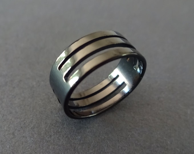 Cut Out Stainless Steel Ring, Black Color, Sizes 7-11, Shiny Finish, Minimalist Modern Jewelry Steel Band, Simplistic Cutout Design