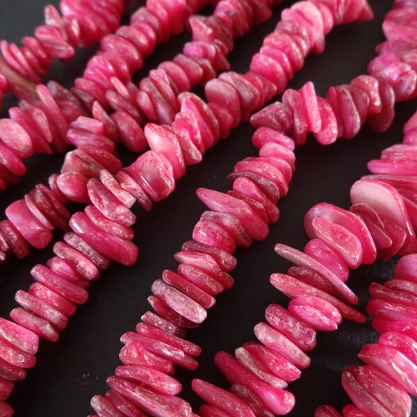 15 Inch 6-15mm Natural Freshwater Shell Bead Strand, Dyed, About 190 Beads, Bright Pink, Shell Nuggets & Chips, Drilled Seashell Bead