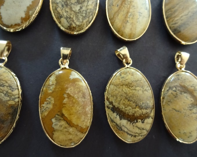 35-36mm Natural Picture Jasper Pendant With Gold Plated Brass Metal, Snap On Bail, Oval Jasper Charm, Polished Gemstone Jewelry, Stone Charm