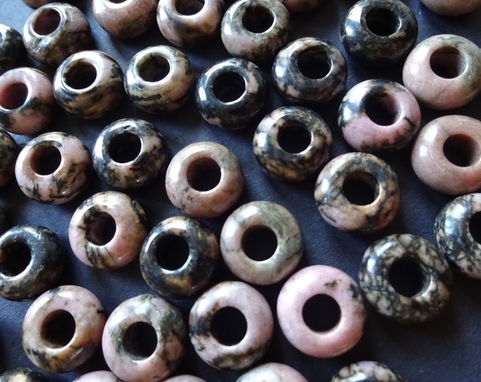 12x6mm Natural Rhodonite Rondelle Bead, Round Stone Ring, Large 5mm Hole, Polished Rhodonite Donut, Natural Stone Donuts, Black & Pink