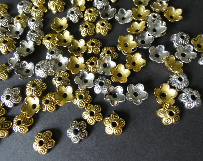 100 Pack 10mm Alloy Metal Bead Caps, Floral Design, Mixed Color, Flower Bead Caps, Jewelry Making Bead Accents, For Round Beads, 2mm Hole