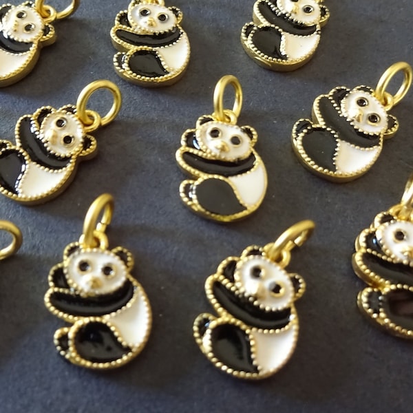 15x11mm Brass & Enamel Panda Charm, Golden Metal Charm, Cute Black and White Panda Bears, Jewelry Pendant, Necklace Charm, Bear Jewelry