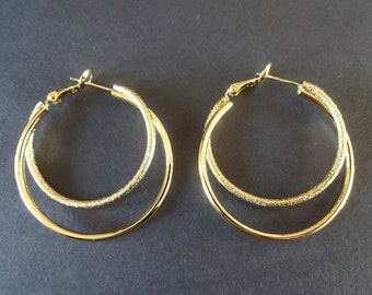 Brass & Sterling Silver Gold Double Hoop Earrings, Hypoallergenic, 43-44mm, Round Hoops, Set Of Earrings, Golden Textured Hoops