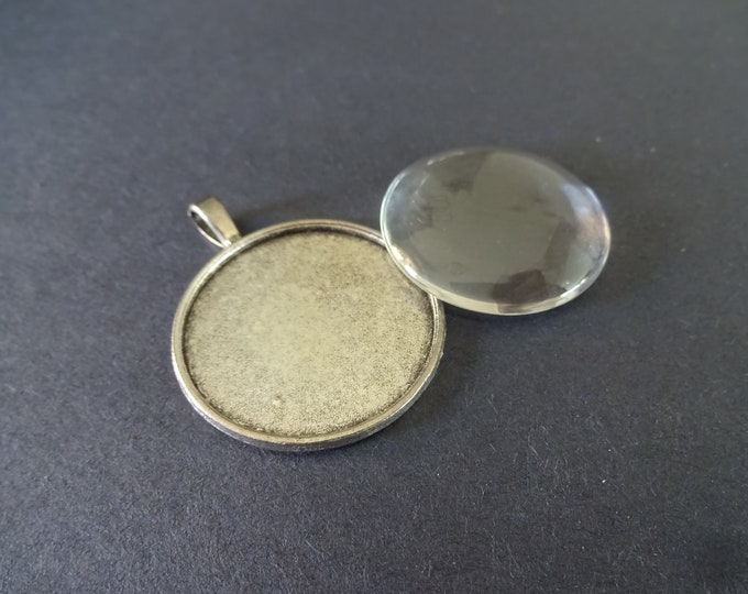 30mm Round Alloy Pendant Setting with Half Round Glass Cabochon, 42x33mm Overall Size, Round Setting, Silver Colored Metal Setting, Glass