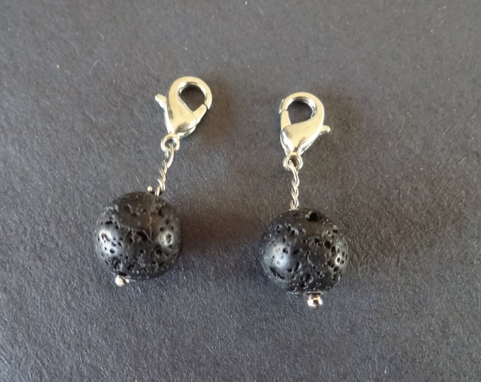 2 PACK OF 30mm Natural Lava Stone Charms With Brass Lobster Claw Clasps, Black Lava Rock, Ball Bead Pendant, Pumice Stone Charm & Clasp