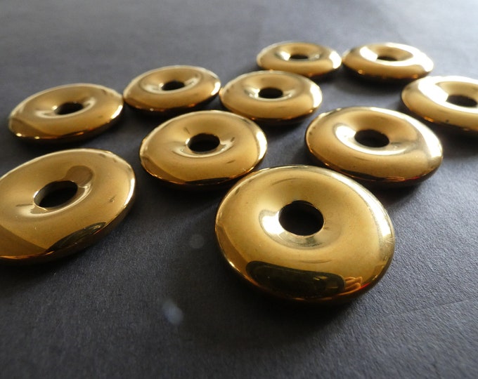 30x6mm Synthetic Hematite Donut, Golden Plated, Non Magnetic, Polished Metallic Necklace Stone Disc, Gold Round Wire Wrapping Component
