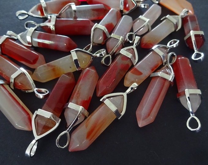 37-40mm Glass Pendant With Brass, Faceted, Bullet Shaped, Synthetic Carnelian, Glass Charm, Red-Orange and Silver Metal