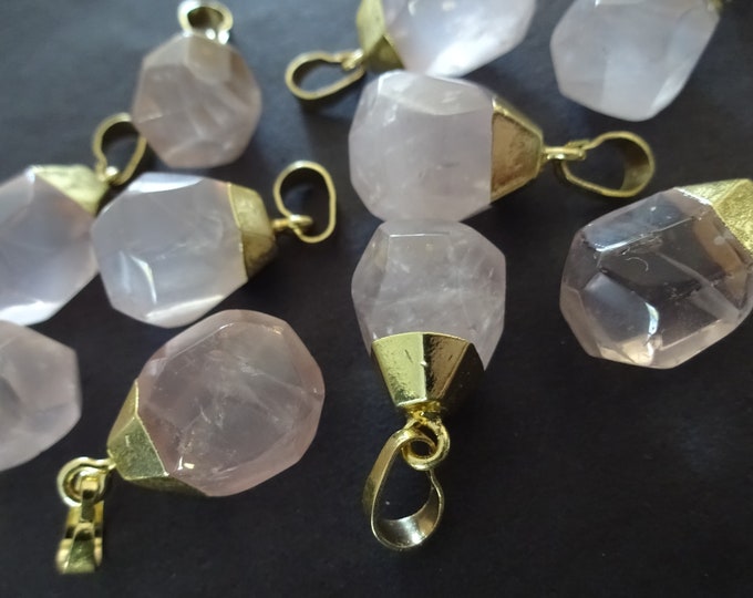 19-21mm Natural Rose Quartz Charm With Brass Loop, Faceted Drop, Polished Gem, Gemstone Jewelry Pendant, Pink Quartz With Golden Metal