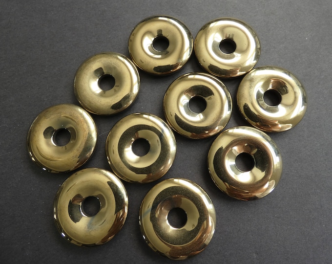 30x6mm Synthetic Hematite Donut, Bronze Plated, Non Magnetic, Polished Metallic Necklace Stone Disc, Bronzed Round Wire Wrapping Component