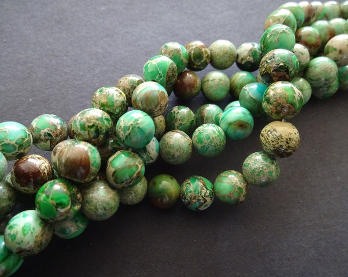 8mm Regalite Ball Beads, Dyed & Heated, Synthetic Stopne Beads, 16 Inch Strand Of About 49 Green Beads, Natural Stone, Marbled, Swirled