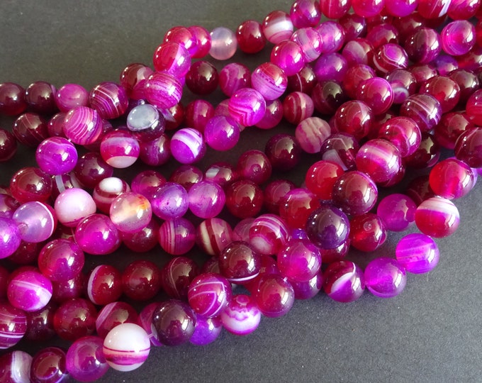 About 38 Natural Striped Agate Beads, Dyed, 10mm Round, 15.75 Inch Strand, Bright Purple Ball Bead, Round, Precious Stone, Grade A Agate