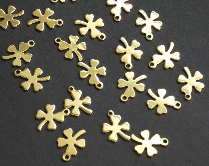 10 Pack 13.5mm Stainless Steel Four Leaf Clover Charm, Gold Clover Pendant, Metal Focal, Floral Themed, Clover Bead, Spring Bead, Gold Focal