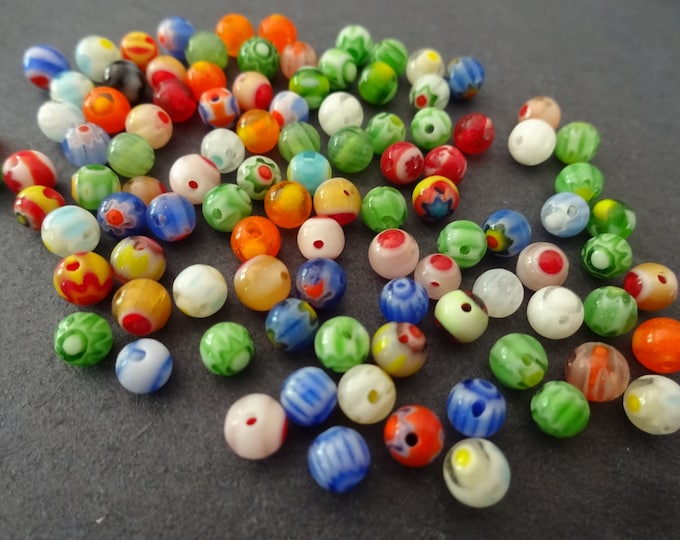 100 PACK 4mm Millefiori Glass Ball Beads, Flower Design, 1mm Hole, Mixed Colors, Floral Bead, Glass Spacer Beads, Small Millefiori Beads