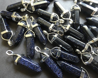 36-40mm Blue Goldstone Pendant With Brass Loop, Dyed & Synthetic, Faceted, Bullet Shaped, Polished Gem, Gemstone Pendant, Blue With Sparkles