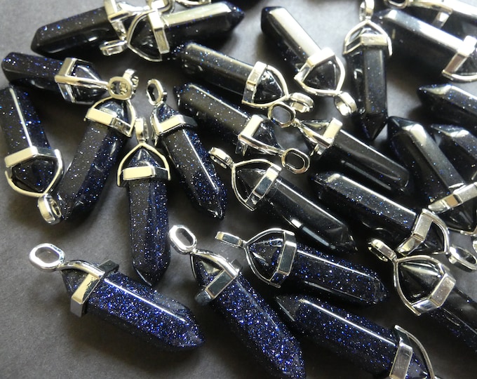 36-40mm Blue Goldstone Pendant With Brass Loop, Dyed & Synthetic, Faceted, Bullet Shaped, Polished Gem, Gemstone Pendant, Blue With Sparkles