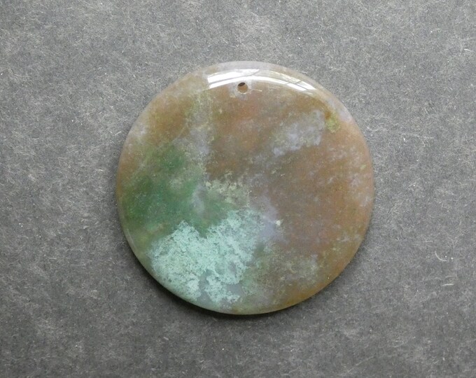 50x8.5mm Natural Indian Agate Pendant, Gemstone Pendant, Green and Brown, Large Round Pendant, One of a Kind, Only One Available, Polished