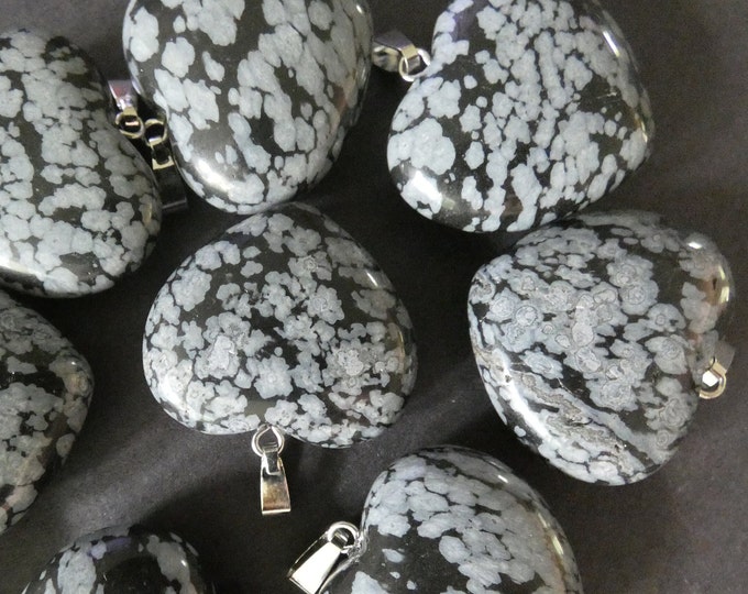 27-29mm Natural Snowflake Obsidian Pendant With Metal Loop, Heart Pendant, Large Charms, Polished Gemstone Jewelry, Heart Stone Charm